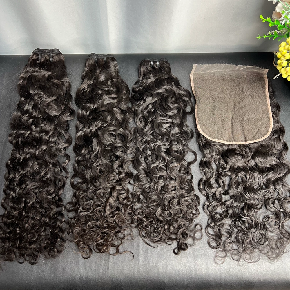 3 Pieces Virgin Hair Bundles With 7x7 Lace Closure Water Wave