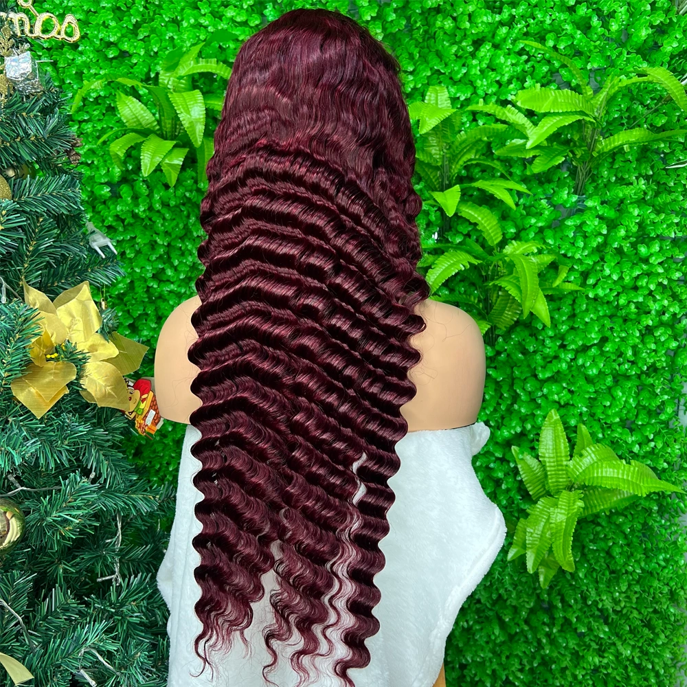 1 Piece Premade 99J 13x4 Transparent Lace Frontal Wig Deep Wave