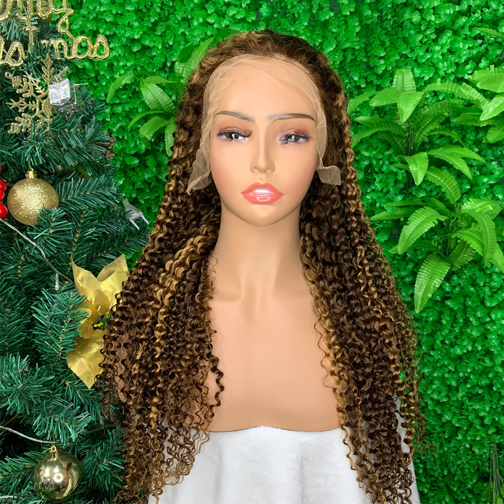 1 Piece Premade Highlight P4/27 13x4 Transparent Lace Frontal Wig Deep Curly