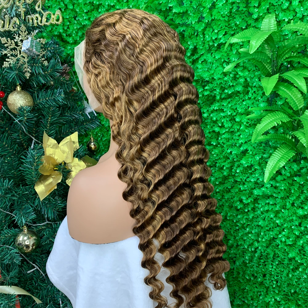 1 Piece Premade Highlight P4/27 13x4 Transparent Lace Frontal Wig Deep Wave