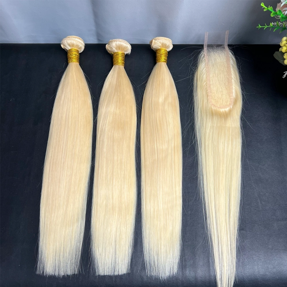 3 Pieces 613 Blonde Hair Bundles With 2x6 Lace Closure Straight
