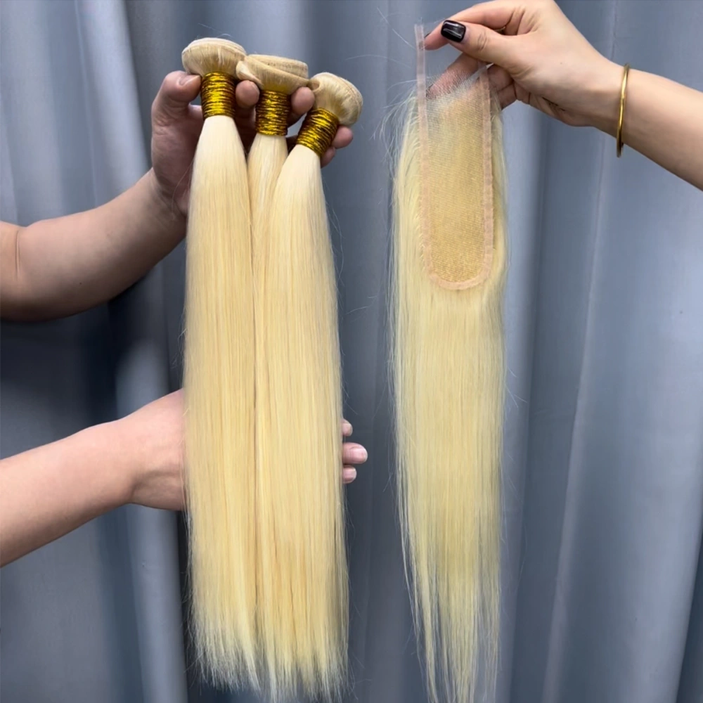 3 Pieces 613 Blonde Hair Bundles With 2x6 Lace Closure Straight