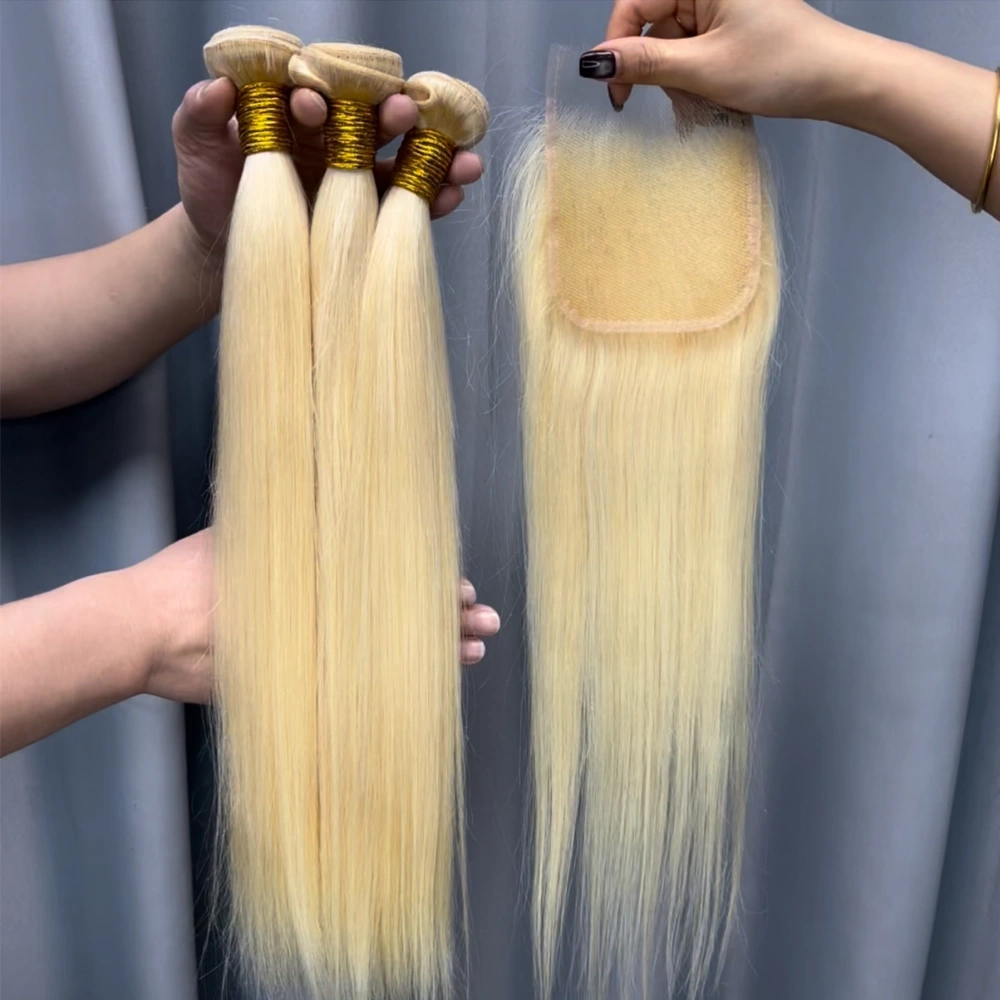 3 Pieces 613 Blonde Hair Bundles With 4x4 Lace Closure Straight