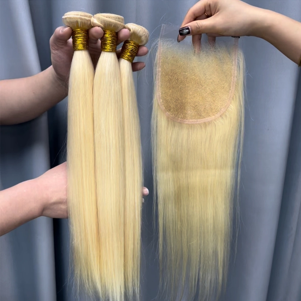 3 Pieces 613 Blonde Hair Bundles With 5x5 Lace Closure Straight