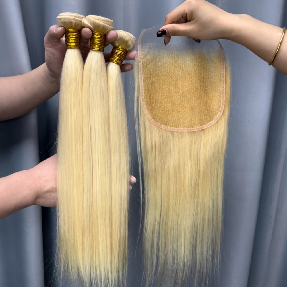 3 Pieces 613 Blonde Hair Bundles With 6x6 Lace Closure Straight