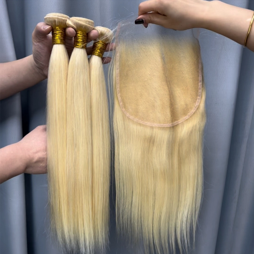 3 Pieces 613 Blonde Hair Bundles With 7x7 Lace Closure Straight