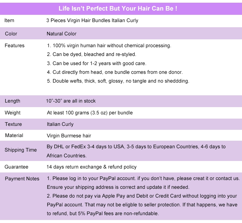 Legend Hair Burmese Hair 3 Pieces Virgin Hair Bundles Italian Curly 100% Human Hair Weave Hair Wefts