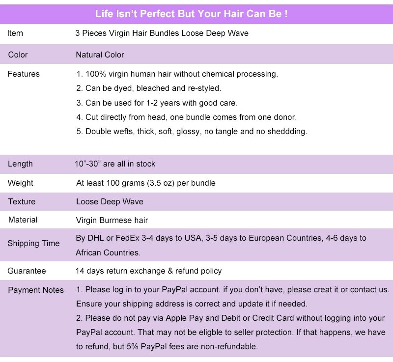 Legend Hair Burmese Hair 3 Pieces Virgin Hair Bundles Loose Deep Wave 100% Human Hair Weave Hair Wefts