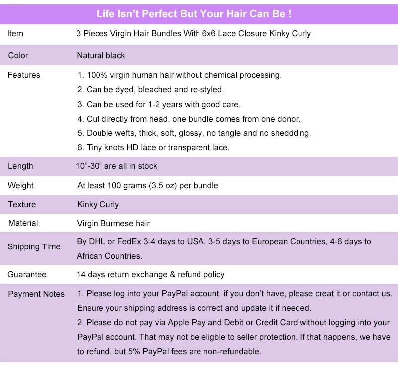 Legend Hair Burmese Hair 3 Pieces Virgin Hair Bundles With 6x6 HD Transparent Lace Closure Kinky Curly