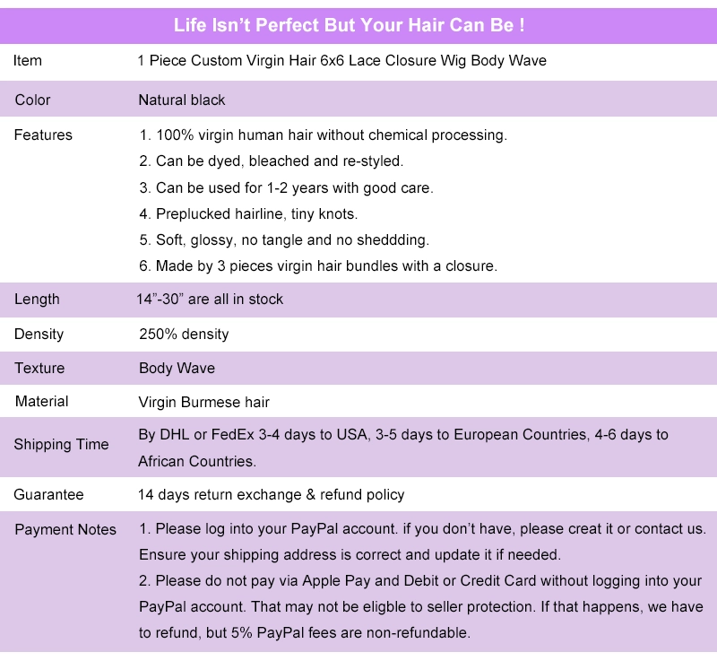 Custom Wig Virgin Hair 6x6 Lace Closure Wig Straight 6x6 Closure Wig 6x6 HD Transparent Lace Wig Lace Closure Wig Body Wave