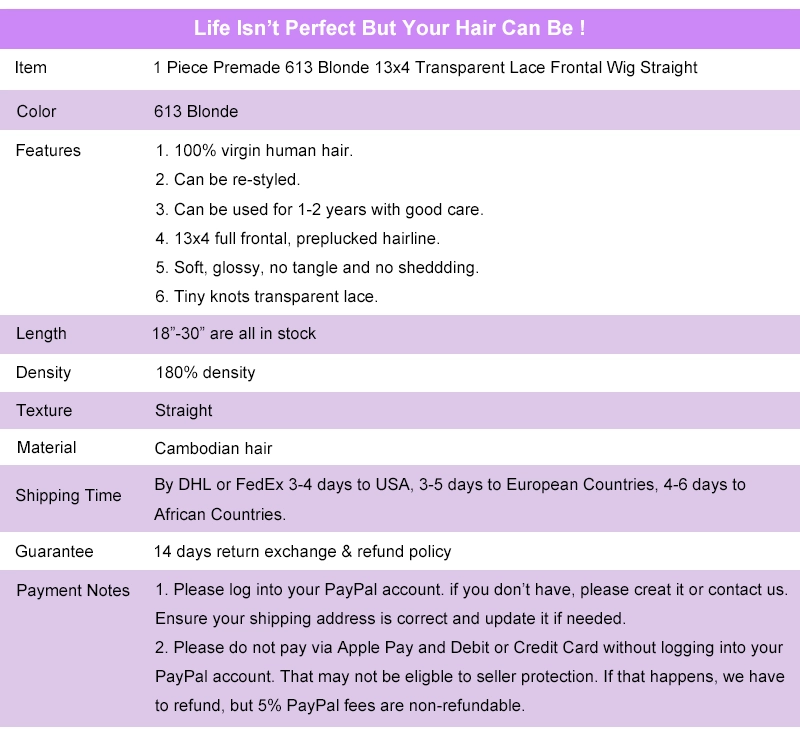 Premade Wig 613 Blonde 13x4 Transparent Lace Frontal Wig Full Frontal Wig Lace Front Wig Straight