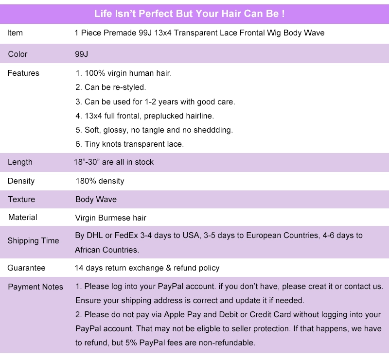 Premade Wig Burgundy 99J Wig 13x4 Transparent Lace Frontal Wig Full Frontal Wig Lace Front Wig Body Wave