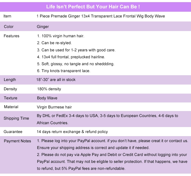 Premade Wig Ginger 13x4 Transparent Lace Frontal Wig Full Frontal Wig Lace Front Wig Body Wave