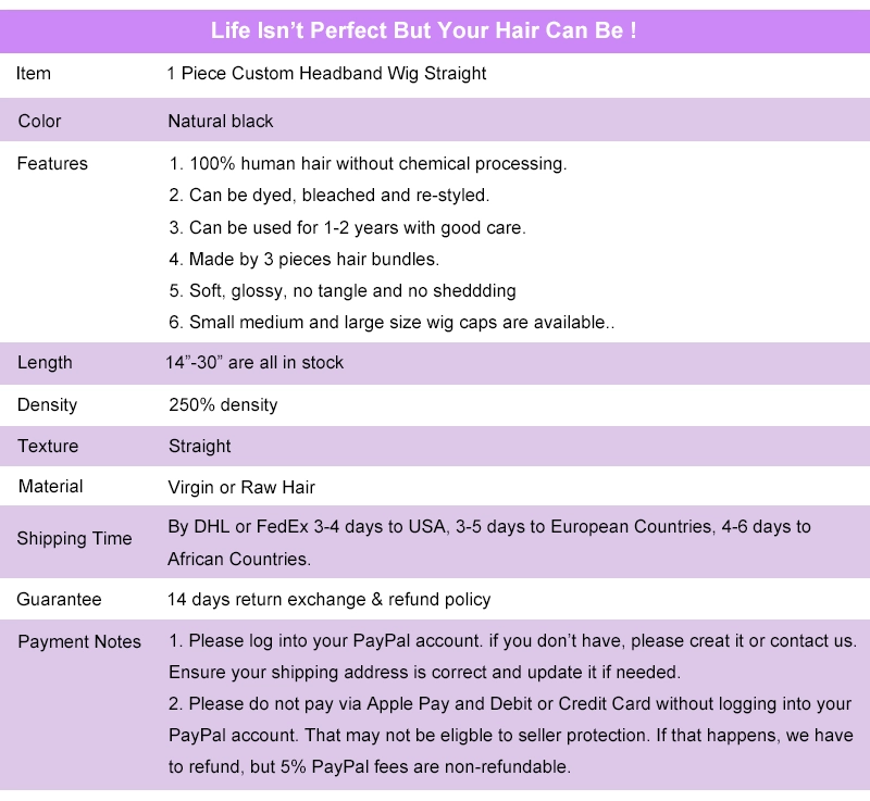 Raw Hair Virgin Hair Headband Wig Custom Wig Straight