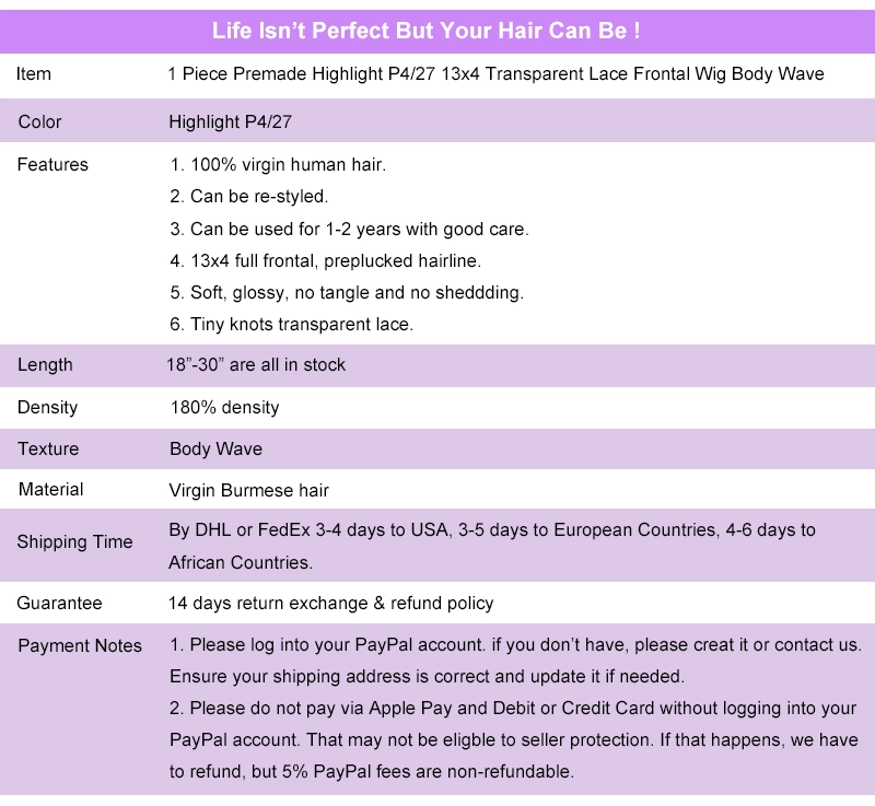 Premade Wig Highlight P4/27 13x4 Transparent Lace Frontal Wig Full Frontal Wig Lace Front Wig Body Wave