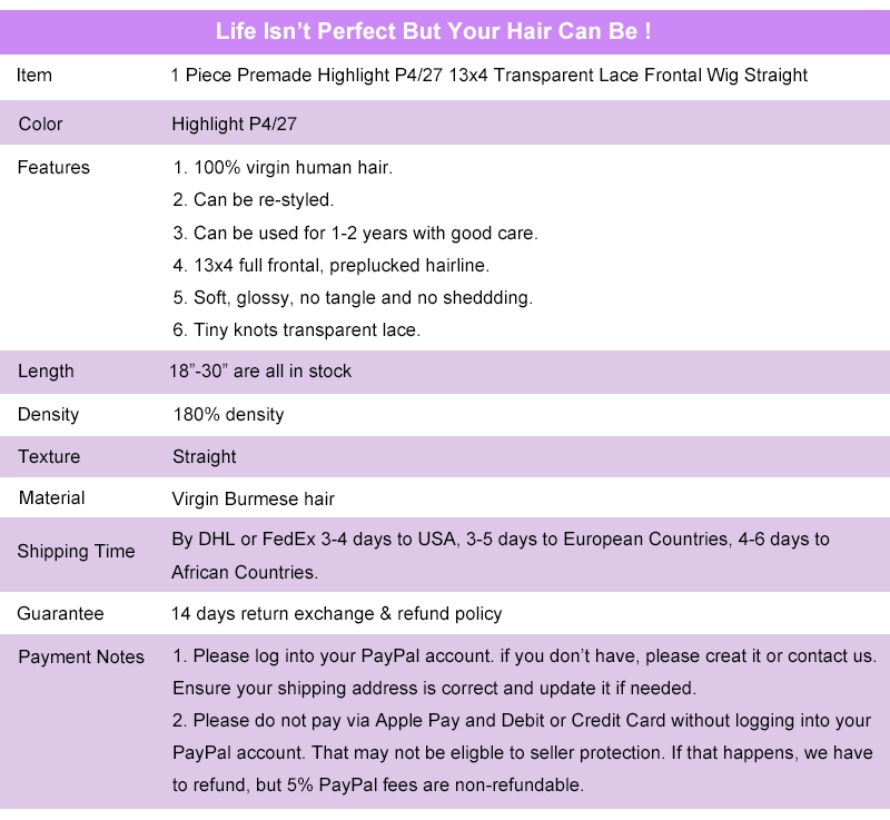 Premade Wig Highlight P4/27 13x4 Transparent Lace Frontal Wig Full Frontal Wig Lace Front Wig Straight