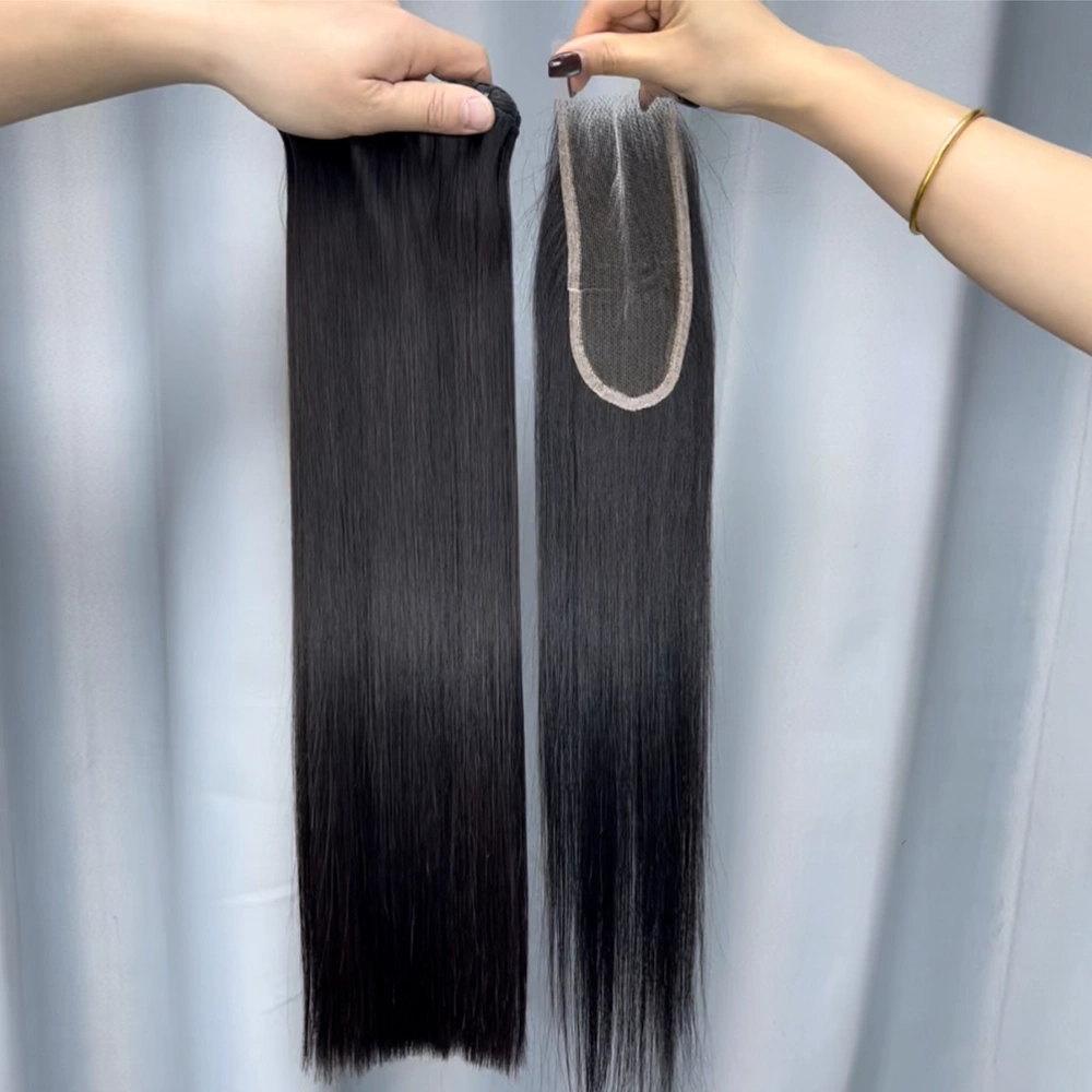 3 Pieces Double Drawn Hair Bundles With 2x6 HD Lace Closure Bone Straight