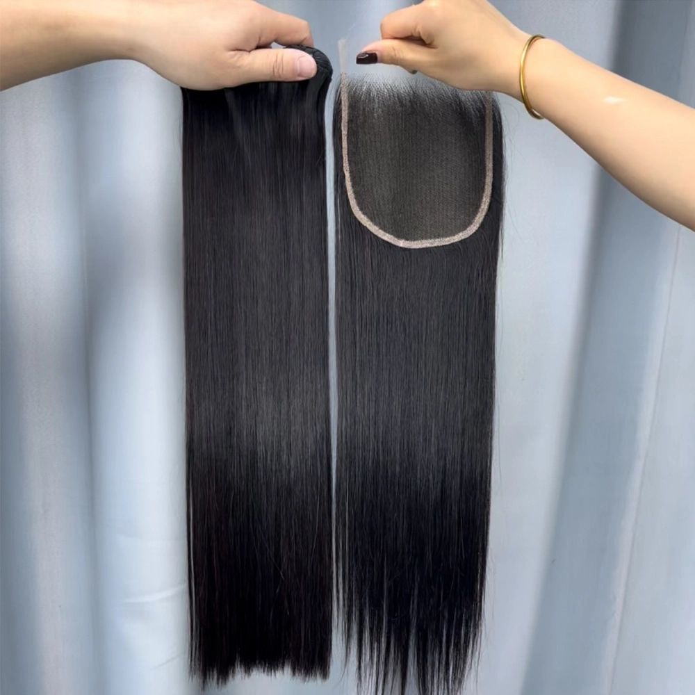 3 Pieces Double Drawn Hair Bundles With 5x5 HD Lace Closure Bone Straight