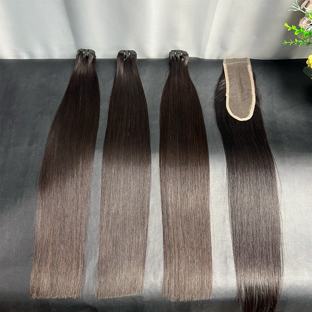 3 Pieces Double Drawn Hair Bundles With 2x6 HD Lace Closure Bone Straight