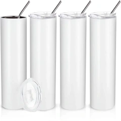 20oz Straight Stainless Steel White Tumbler with Metal Straw for Heat Press Machine Printing