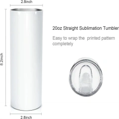 20oz Straight Stainless Steel White Tumbler with Metal Straw for Heat Press Machine Printing