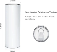 20oz Straight Stainless Steel White Tumbler with Metal Straw for Heat Press Machine Printing