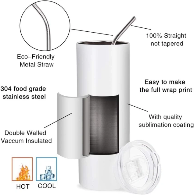20oz Straight Stainless Steel White Tumbler with Metal Straw for Heat Press Machine Printing