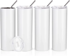 20oz Straight Stainless Steel White Tumbler with Metal Straw for Heat Press Machine Printing