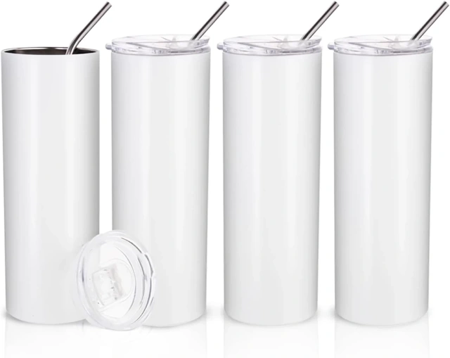 20oz Straight Stainless Steel White Tumbler with Metal Straw for Heat Press Machine Printing