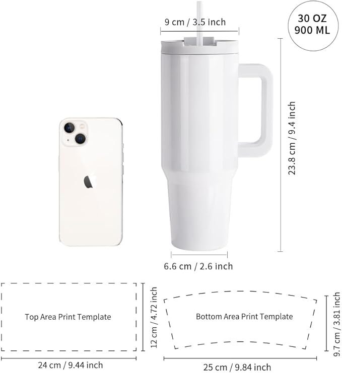 Sublimation Tumblers 30 OZ with Removable Handle White Blanks Stainless Steel Cups Mugs with Lid and Plastic Straw for Tumbler Heat Press Sublimation Oven Printing