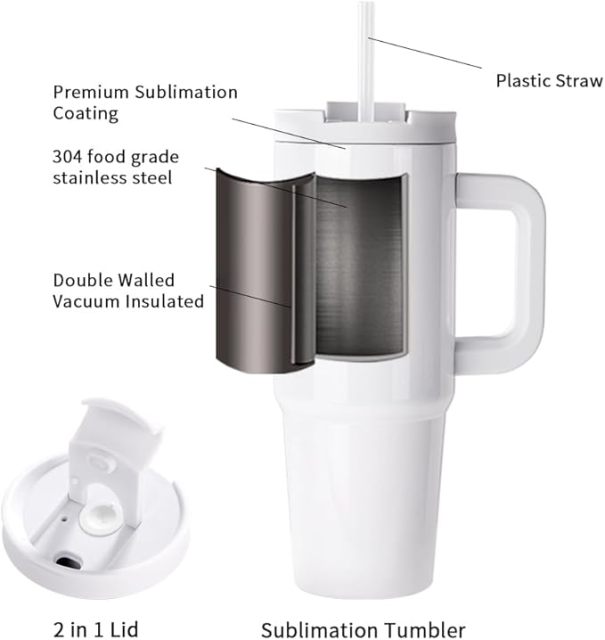Sublimation Tumblers 30 OZ with Removable Handle White Blanks Stainless Steel Cups Mugs with Lid and Plastic Straw for Tumbler Heat Press Sublimation Oven Printing