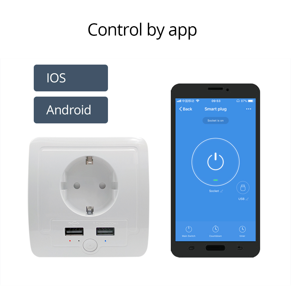 EU Wall Recessed Outlet Work with Amazon Alexa Google Home with 2 USB Ports 15A output Support Phone APP Control