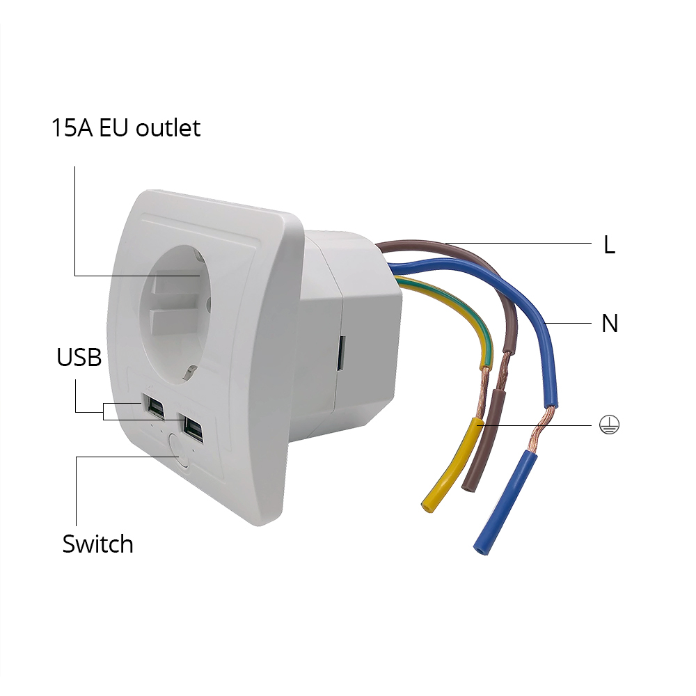 EU Wall Recessed Outlet Work with Amazon Alexa Google Home with 2 USB Ports 15A output Support Phone APP Control