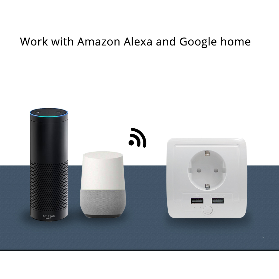 EU Wall Recessed Outlet Work with Amazon Alexa Google Home with 2 USB Ports 15A output Support Phone APP Control