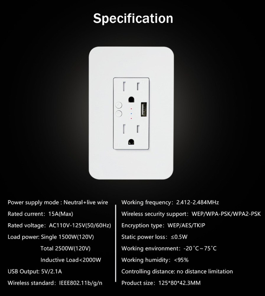 Zemismart US Wall Outlet 15A With USB Port Smart Life WiFi Control works with Tuya Alexa Google Home Voice Control