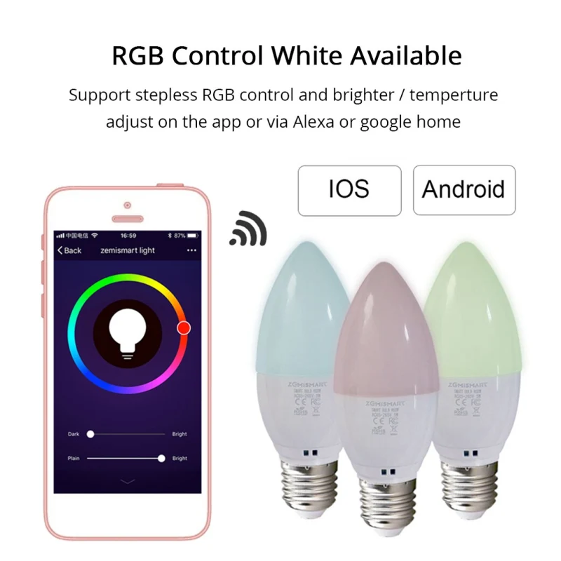 Dimmable E27 WiFi RGB Led Bulb Candle Light Voice Control by Alexa Echo Google Home 2.4G WiFi Control by TUYA APP