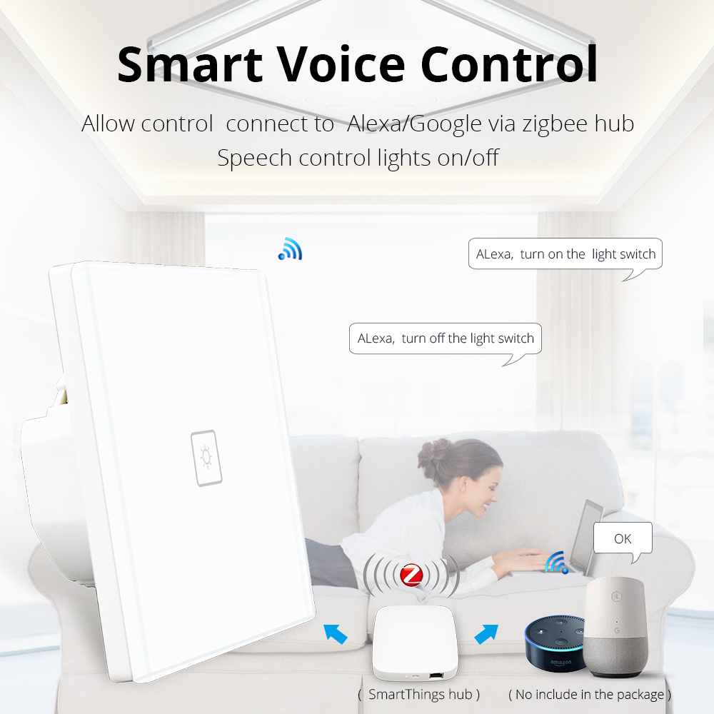 Zigbee 3.0  EU One Gang Wall Light Switch Compatible with SmartTing Hub Echo Plus APP Phone Voice Control