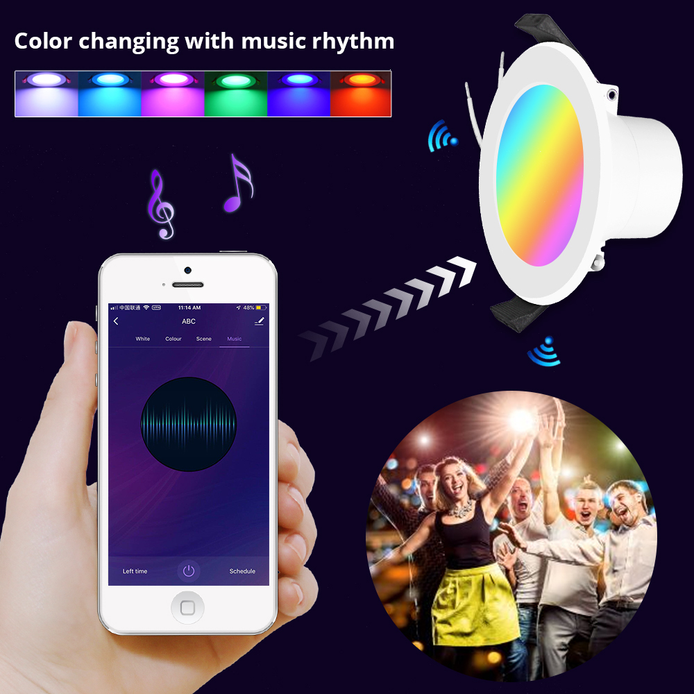 Zemismart 6 inch WiFi RGBCW Color Changing With Music for Home Party Led Downlight Ceiling Light Alexa Google Home Enable