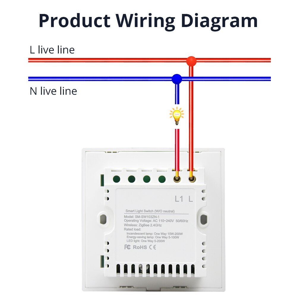 Zigbee UK One Gang Wall Light Switch Compatible with tuya Zigbee Hub No Neutral Wire Required