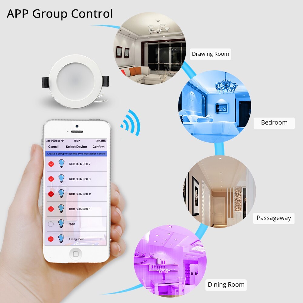 Zemismart 6 inch WiFi RGBCW Color Changing With Music for Home Party Led Downlight Ceiling Light Alexa Google Home Enable