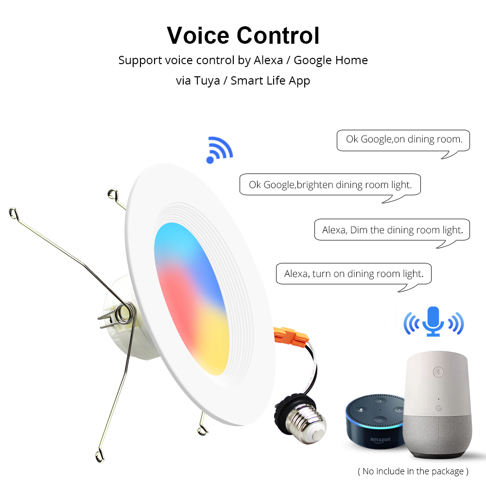 Smart WiFi Downlight Alexa Google Home Dimmable 6 Inch Ceiling Recessed Light RGBCW Color Changing Lamp works with Tuya