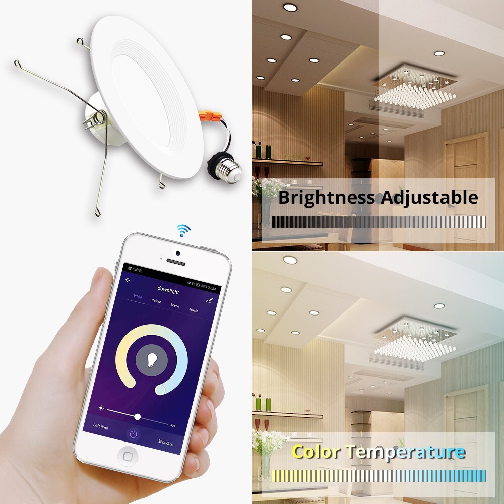 Smart WiFi Downlight Alexa Google Home Dimmable 6 Inch Ceiling Recessed Light RGBCW Color Changing Lamp works with Tuya