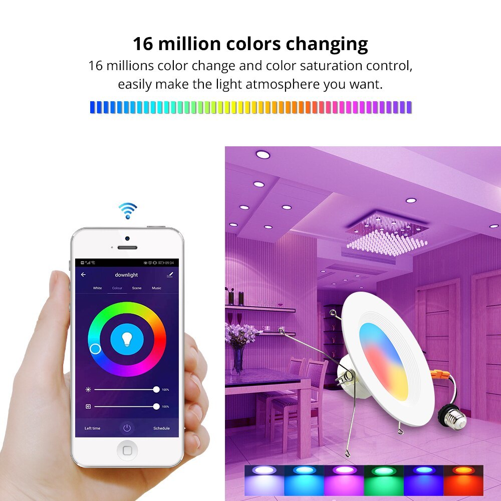 Smart WiFi Downlight Alexa Google Home Dimmable 6 Inch Ceiling Recessed Light RGBCW Color Changing Lamp works with Tuya
