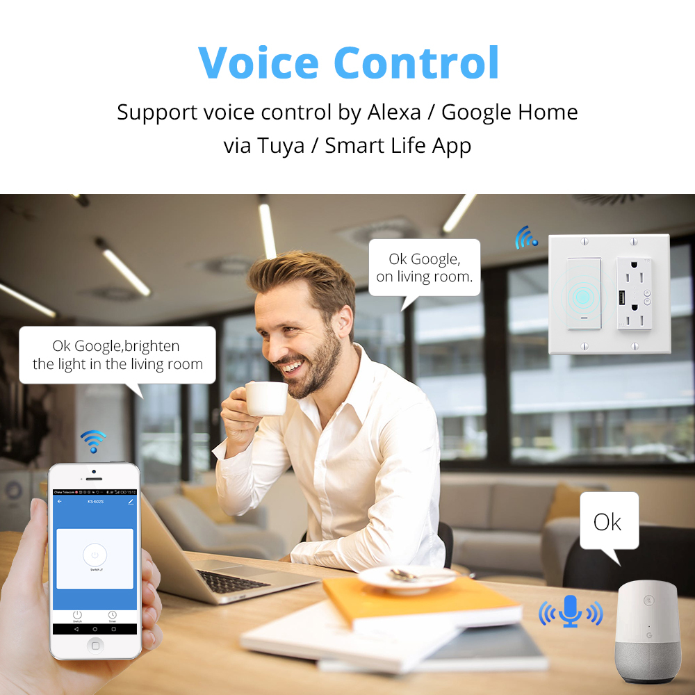 WiFi Light Switch with USB Port Outlet  US 2 gangs Tuya Control Alexa Enable 110V