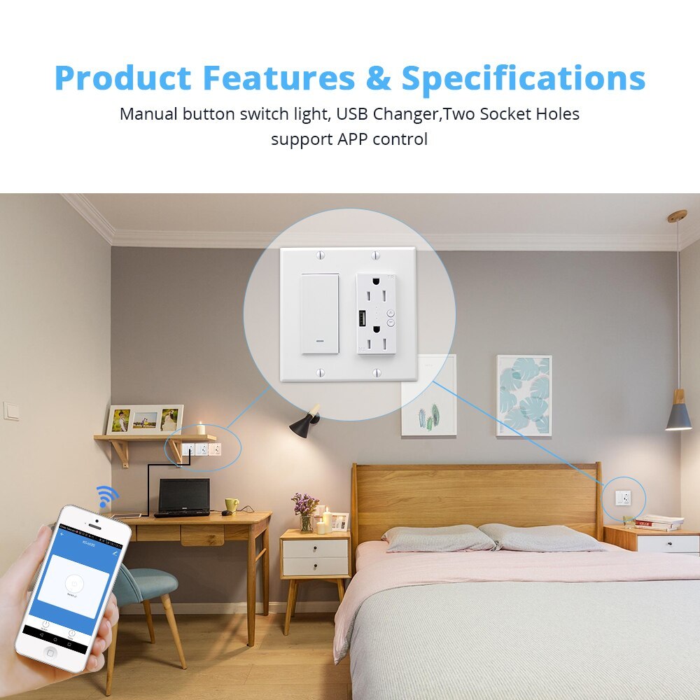 WiFi Light Switch with USB Port Outlet  US 2 gangs Tuya Control Alexa Enable 110V