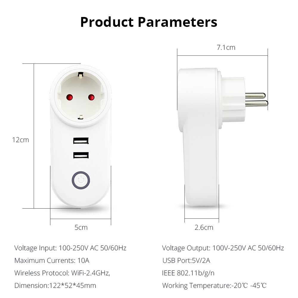 Smart WiFi Power EU Plug Outlet Socket with USB Tuya App Control Timer Function Work with Alexa Google Home assistant