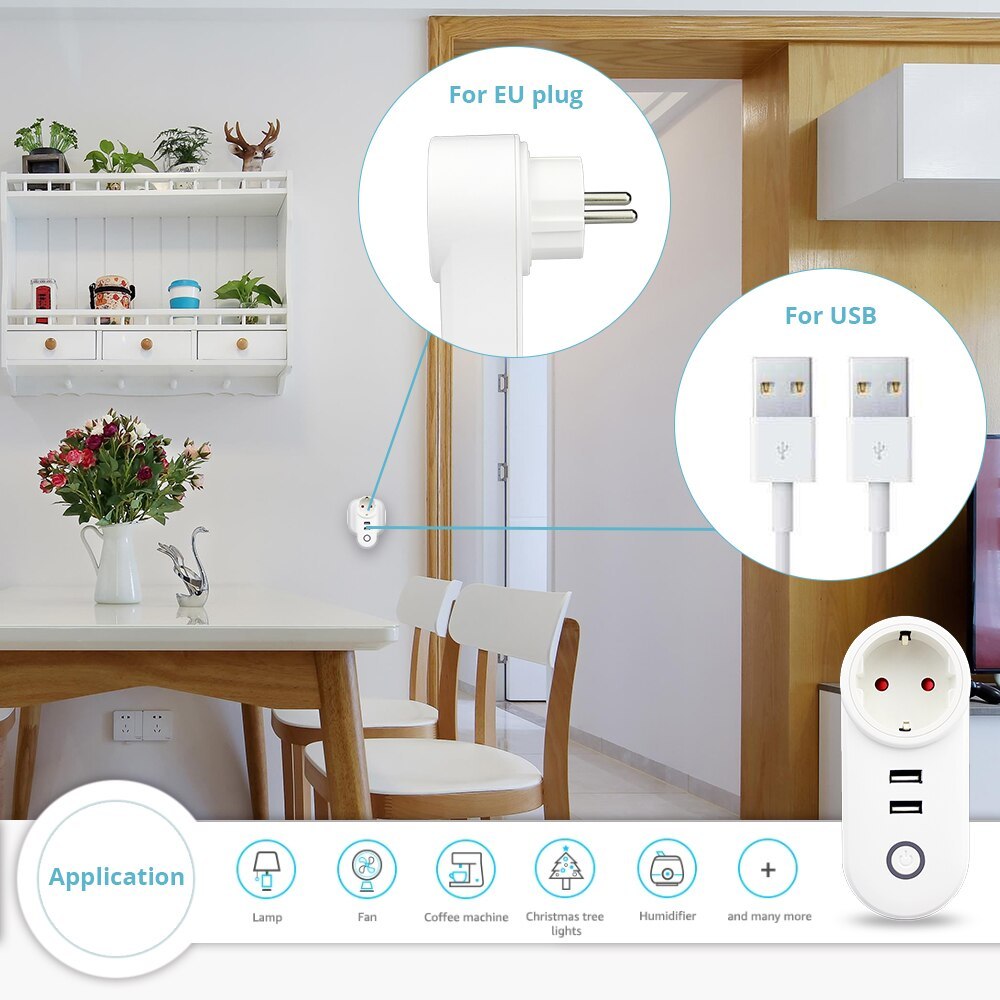 Smart WiFi Power EU Plug Outlet Socket with USB Tuya App Control Timer Function Work with Alexa Google Home assistant