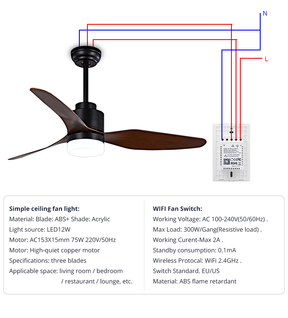 Zemismart Smart Fan light Voice Control By Alexa Google Home HomeAssistant  3 blade ceiling fan with LED Light Kit,, image size:1000x1104