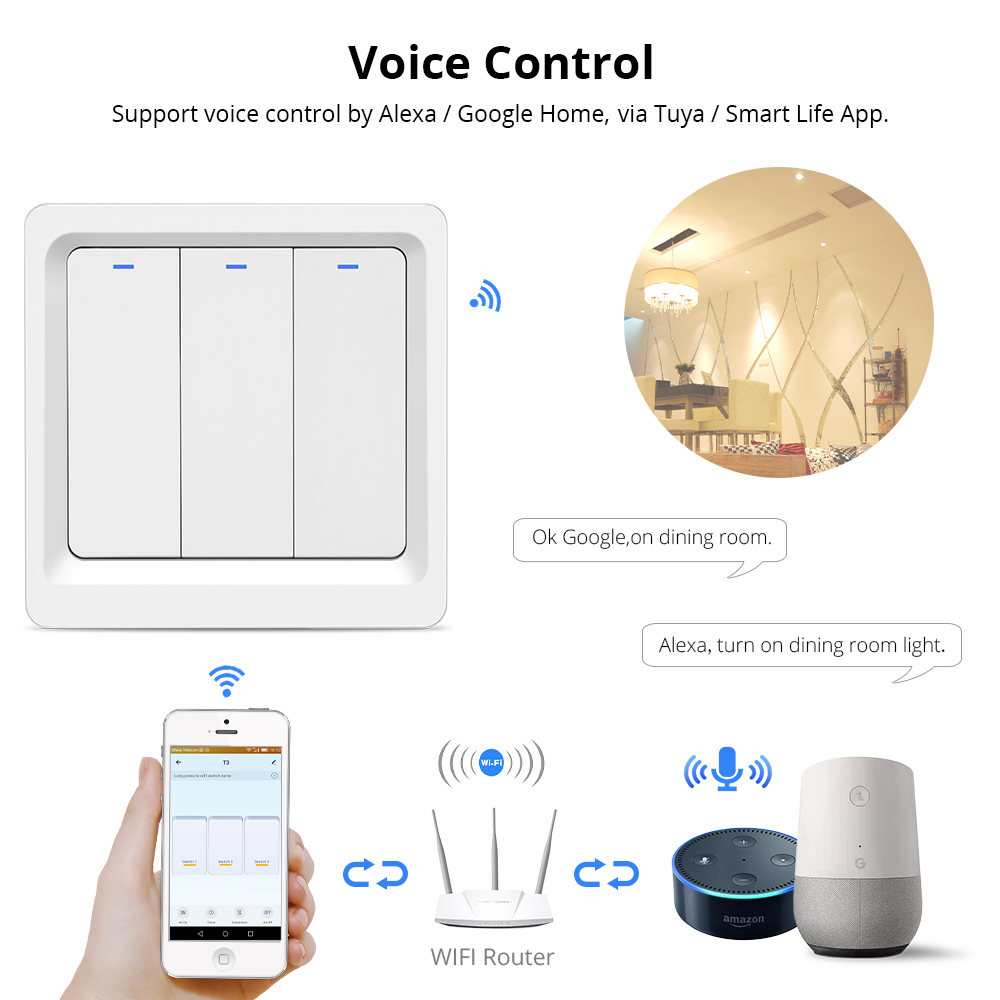 Zemismart EU WiFi Wall Push Light Switch Alexa Google Home TUYA APP Control One Gang Two Three Gangs Physical Switches