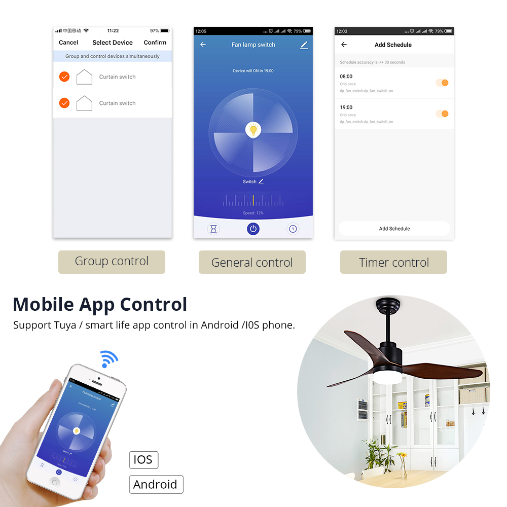 Zemismart Smart Fan light Voice Control By Alexa Google Home HomeAssistant 3 blade ceiling fan with LED Light Kit